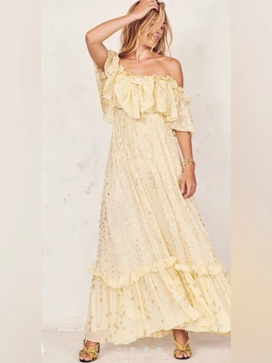 LoveShackFancy Ronny Metallic Star Maxi Dress in Sunflower Size 0 - Picture 4 of 12